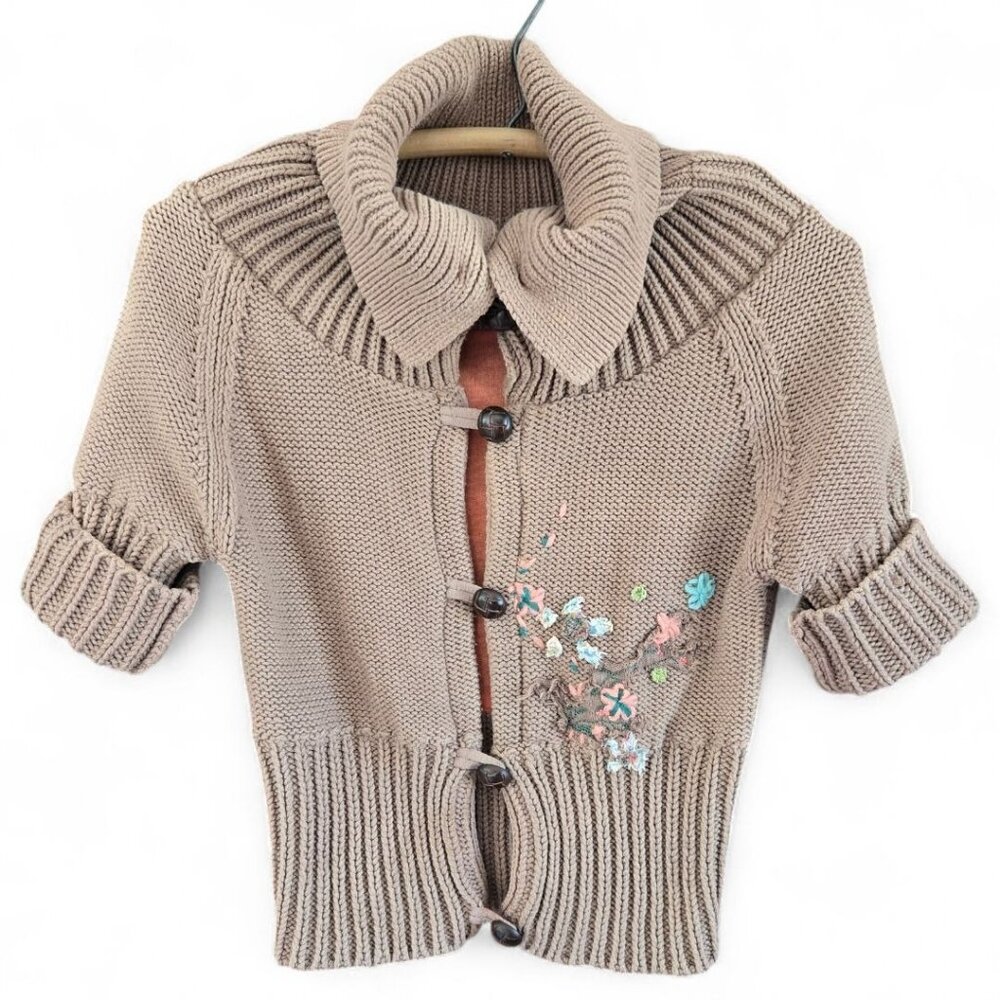 Free People Womens Knit Cardigan Embroidered Floral Beige & Coral Lined Size M - Picture 2 of 8